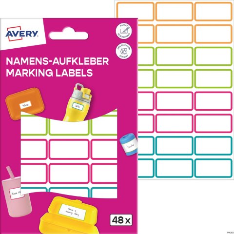 Naklejki do oznaczania; 15 x 32 mm, 48 naklejek, kolorowe ramki, AVERY NAME48C Naklejki do oznaczania; 15 x 32 mm, 48 naklejek, kolorowe ramki, AVERY NAME48C