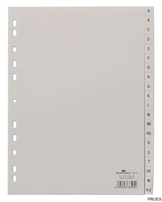 Przekładki PP A4 szare, nadruk indeks, A-Z 20 części Szary 651310 DURABLE
