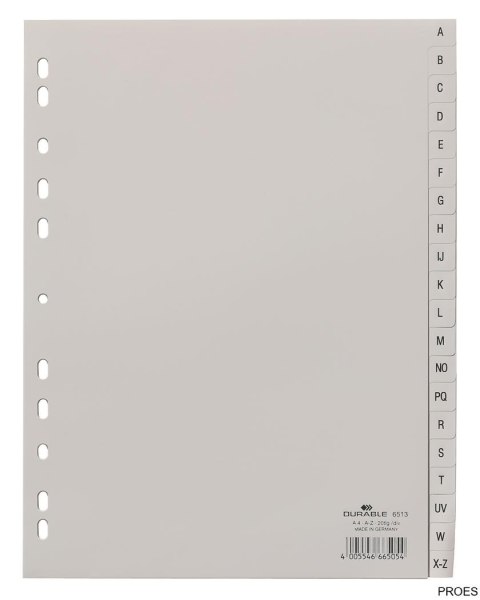 Przekładki PP A4 szare, nadruk indeks, A-Z 20 części Szary 651310 DURABLE
