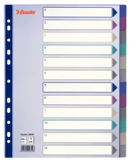 Przekładki plastikowe Multicolor PP, A4 Maxi - 12 kart Esselte, 20649