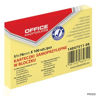 Bloczek samoprzylepny , 51x76mm, 1x100 kart., pastel, jasnożółty, typu OFFICE PRODUCTS 14047511-06