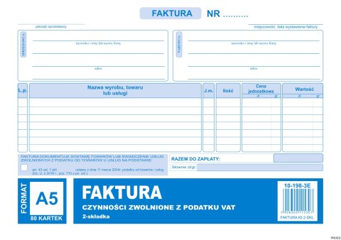 Faktura czynności zwolnione z podatku A5, 80 kartek (1+1), 10-198-3E DOTTS