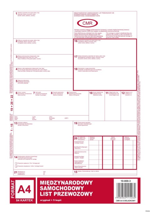 Międynarodowy list przewozowy CMR A4, 84 kartki (1+5) 10-800-3 DOTTS