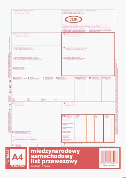 Numerowany międzynarodowy list przewozowy CMR, (1+4) A4 80 kartek, 10-800-2N DOTTS