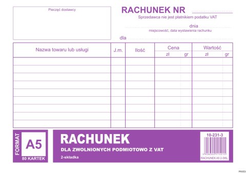 Rachunek dla zwolnionych podmiotowo z VAT A5, 80 kartek (1+1) 10-231-3 DOTTS Rachunek dla zwolnionych podmiotowo z VAT A5, 80 kartek (1+1) 10-231-3 DOTTS
