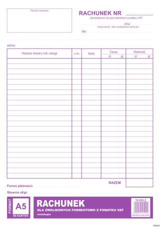 Rachunek dla zwolnionych podmiotowo z VAT A5, 80 kartek wielokopia, 10-223-3 DOTTS