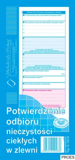 S-100-8 Potwierdzenie odbioru nieczystości ciekłych w zlewni MICHALCZYK I PROKOP