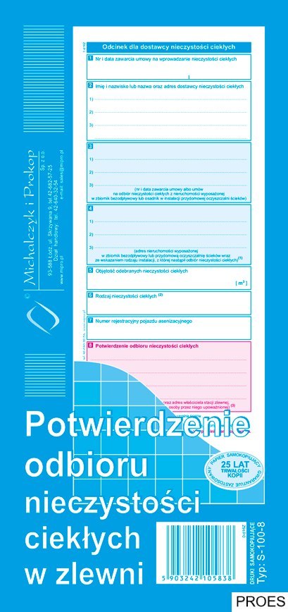 S-100-8 Potwierdzenie odbioru nieczystości ciekłych w zlewni MICHALCZYK I PROKOP