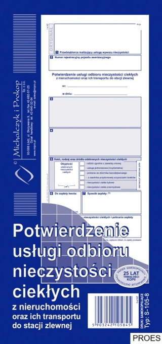 S-105-8 Potwierdzenie usługi odbioru nieczystości ciekłych oraz ich transportu do stacji zlewni 1/3 A4 MICHALCZYK I PROKOP