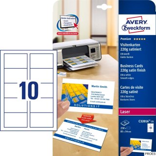 Wizytówki Quick&Clean C32016-25 85 x 54 25 ark. 250 szt., 220 g, satynowane, śnieżnobiałe, Avery Zweckform