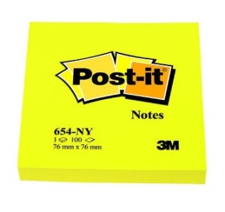 Bloczek samoprzylepny POST-IT_ (654NY), 76x76mm, 1x100 kart., jaskrawy żółty
