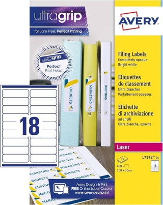 Etykiety foliowe A4 do druku, 100 x 30 mm, laserowe, kolorowe, L7172 Avery Zweckform