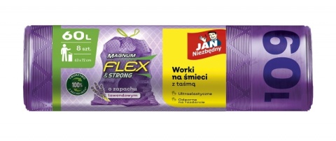 JAN NIEZBĘDNY Worki na śmieci , magnum flex, z taśmą, 60l, 8szt., lawendowe, SA-JN-349510