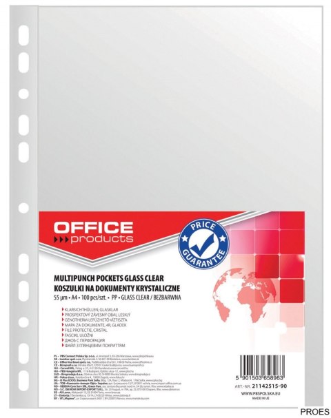 Koszulki na dokumenty , PP, A4, krystal, 55mikr., 100szt., typu OFFICE PRODUCTS 21142515-90