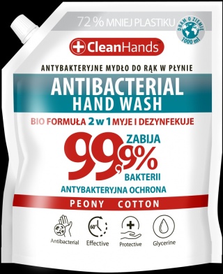 Mydło antybakteryjne CLEAN HANDS, BIO 99,9% Peony&Cotton, 1000 ml, HG-015559