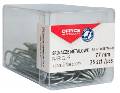 Spinacze metalowe OFFICE PRODUCTS, 77mm, w pudełku, 25szt., srebrne, 18087766-19