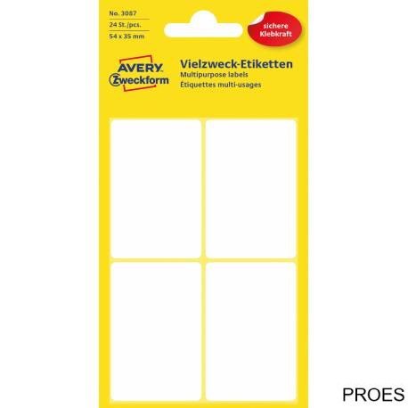 Trwałe minietykiety do opisywania ręcznego, 24 etyk./op., 54 x 35 mm, białe, AVERY ZWECKFORM, 3087