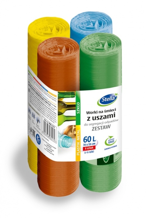 Worki z uszami STELLA, do segregacji odpadów, zestaw, 60l, 4x8 szt., mix, ST-ST-045174