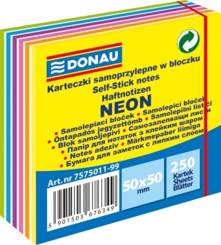 Mini kostka samoprzylepna DONAU, 50x50mm, 1x250 kart., neon, 11-warstw, neon-pastel, mix kolorów, 7575011-99