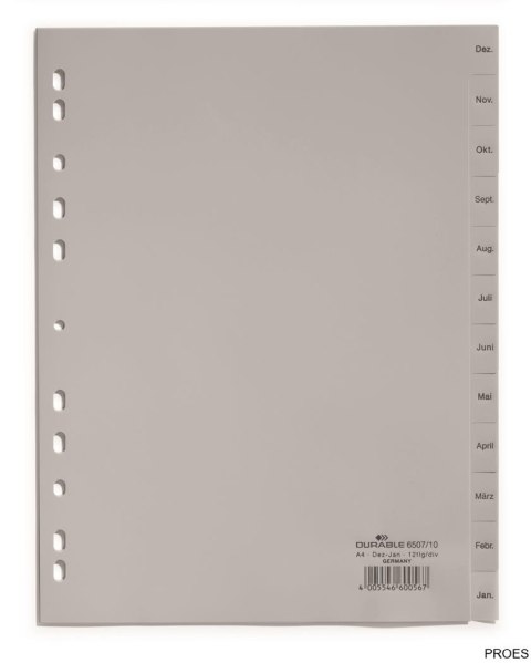 Przekładki PP A4 szare, nadr. indeks, 1-12, 1 2 części Szary 650710 DURABLE