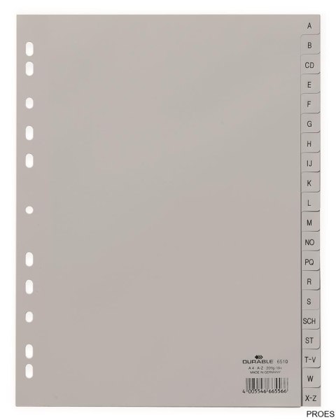 Przekładki PP A4 szare, nadr. indeks, A-Z, 20 części Szary 651010 DURABLE