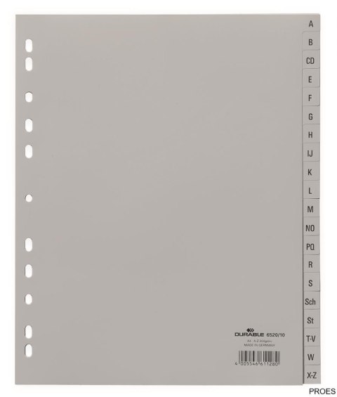 Przekładki PP A4 szare, nadr. indeks, A-Z, 20 części Szary 652010 DURABLE