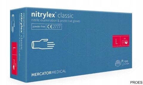 Rękawice nitrylowe bezpudrowe diagnostyczne MERCATOR, nitrylex classic, (100 szt.), rozmiar L, niebieskie