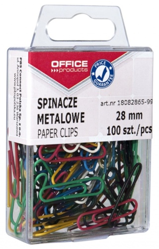 Spinacze kolorowe OFFICE PRODUCTS, powlekane, 28mm, w pudełku, 100szt., mix kolorów, 18082865-99