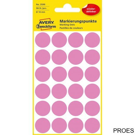 Usuwalne kółka do zaznaczania kolorowe, 96 etyk./op., Q18 mm, różowe, AVERY ZWECKFORM, 3599