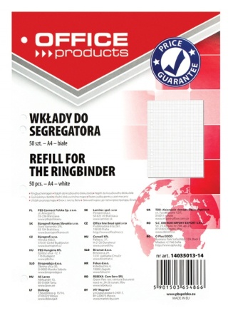Wkład do segregatora OFFICE PRODUCTS, A4, w kratkę, 50 kart., biały, 14035013-14
