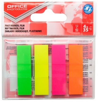 Zakładki indeksujące OFFICE PRODUCTS, PP, 12x43mm, 4x35 kart., zawieszka, mix kolorów neon, 14223934-99