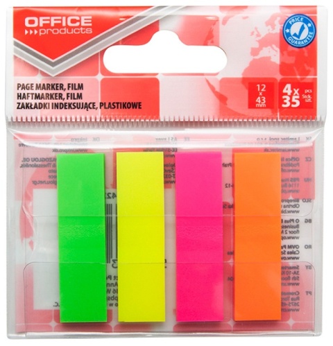 Zakładki indeksujące OFFICE PRODUCTS, PP, 12x43mm, 4x35 kart., zawieszka, mix kolorów neon, 14223934-99