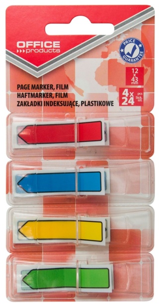 Zakładki indeksujące OFFICE PRODUCTS, PP, strzałka, 12x43mm, 4x24 kart., blister, mix kolorów, 14223324-99