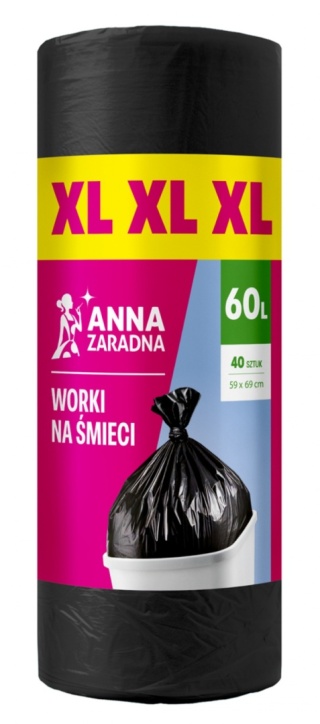 ANNA ZARADNA Worki 60l na śmieci, wytrzymałe XL, czarne (40szt.) 65503
