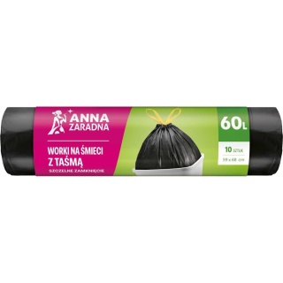 ANNA ZARADNA Worki 60l na śmieci z taśmą, czarne, 10 szt., szczelne zamknięcie 65299